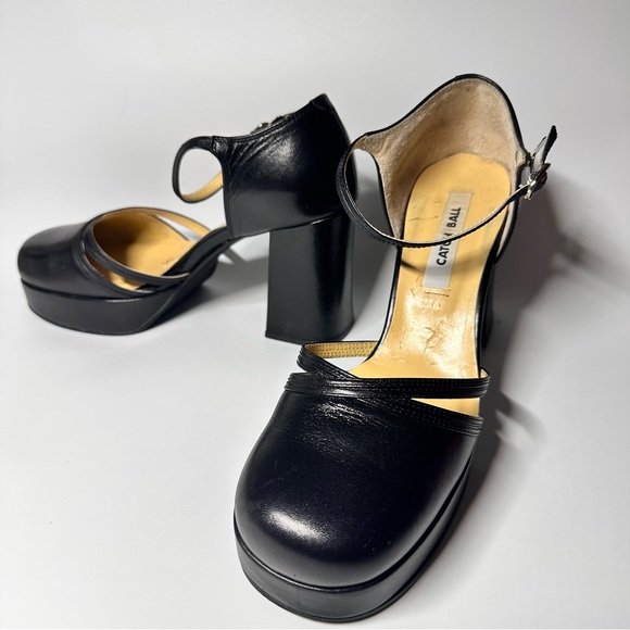 catch ball Shoes - Black Leather Platform Mary Jane Pumps Chunky Block 3.5” Heel 24.5 cm /US 7- 7.5